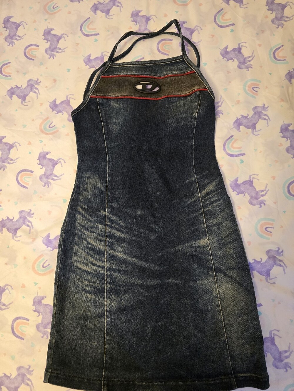Diesel Dark Blue Denim Halter Dress with Red Trim